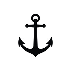 Simple black silhouette of a nautical anchor on white background