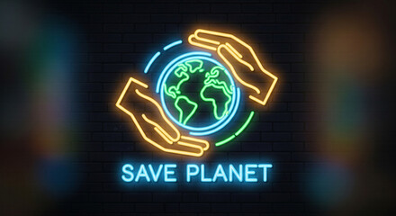 A neon sign urging to save the planet, symbolizing environmental awareness, conservation, and the importance of protecting our earth