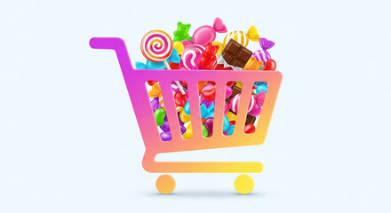 A shopping cart overflowing with colorful candies, representing the joy of sweets, treats, and the indulgence of sugary delights