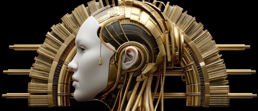Futuristic robotic head design with intricate gold accents and detailed circuitry showcased against a dark background