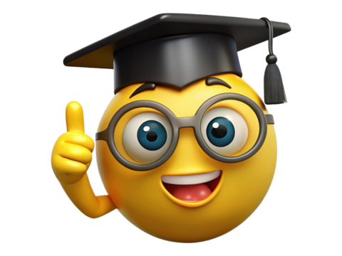 Happy Yellow Emoji Face Icon Wearing Graduation Cap Giving Thumbs Up, Transparent Background Illustration