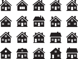 Fototapeta premium Collection of silhouette house vector icons featuring various architectural styles and residential building designs for estate, flat illustrations