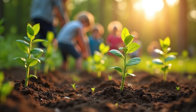 Community plants small trees in garden under warm sunlight. People volunteer for eco project outdoors. Family plants new tree saplings on sunny day. Eco friendly planting activity shows green