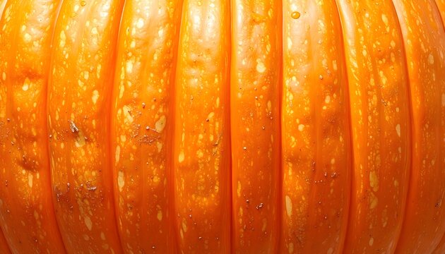 Flat top-down macro of bright orange pumpkin skin surface, strong vertical ridges, mottled texture and light specks, bold autumn background