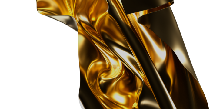 Abstract golden cloth with flowing folds and light reflections against a white background, perfect for luxury and elegant designs.