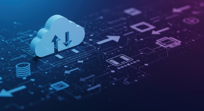 Securely uploading and downloading data to the cloud, symbolizing digital transformation and modern information management in a futuristic network environment.