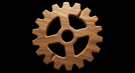 Wooden gear wheel on black background, a symbol of mechanical engineering, industry, and teamwork, representing precision and functionality