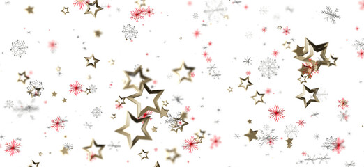 Holiday themed background with floating gold stars and snowflakes in red, silver, and white. Perfect for Christmas and winter designs.