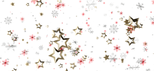 Holiday themed background with floating gold stars and snowflakes in red, silver, and white. Perfect for Christmas and winter designs.