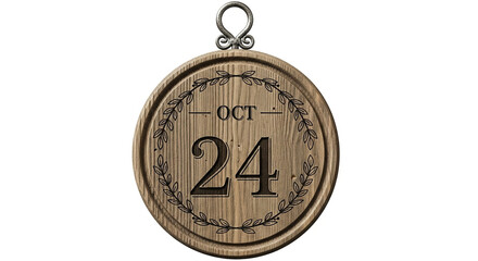 October 24th date on a wooden plaque isolated on white background, featuring a vintage design and rustic charm, ideal for calendar themes