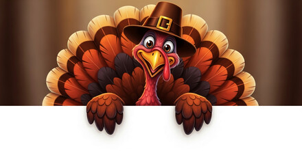 Cartoon turkey wearing pilgrim hat, peeking over blank white sign, brown and orange feathers, Thanksgiving design, festive, celebratory