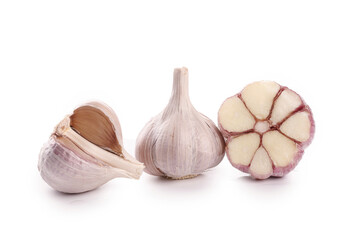 Fresh Shandong Farm Garlic Bulbs and Cloves Isolated on White Background