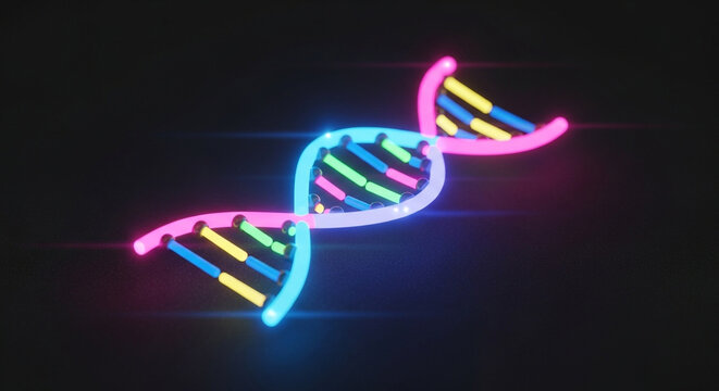 A vibrant and glowing neon dna double helix against a dark background, symbolizing genetics, science, and the complexity of lifes building blocks