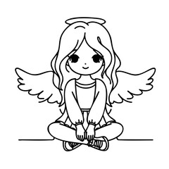Young girl is sitting on the ground with her arms crossed and her head tilted to the side. She is wearing a white shirt and has long, flowing hair. The image is of a cartoon character