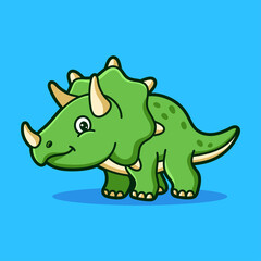 Cute Green Triceratops Dinosaur Cartoon with Spikes and Horns smiling on a Blue Pixelated Background Simple Adorable Illustration for Childrens Content