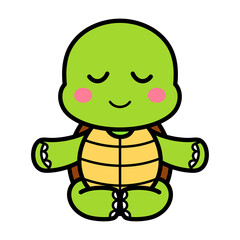 Cute Green Turtle Meditating with Closed Eyes and Pink Cheeks on Transparent Background Simple Vector Illustration