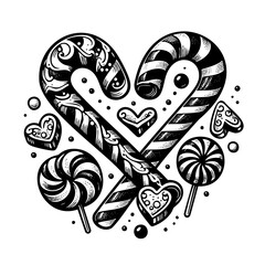 Black and white drawing of candy canes and hearts. The candy canes are arranged in a heart shape and surrounded by other candy items. Scene is sweet and playful