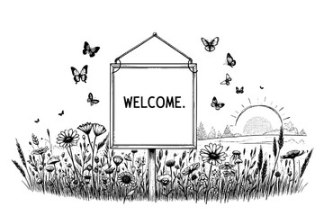 Sign with butterflies and a sun in the background that says Welcome. The sign is hanging from a rope and is surrounded by a field of flowers