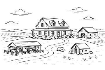 Farm scene with a house barn and chicken coop. The house is a white house with a porch. The barn is a white building with a red roof