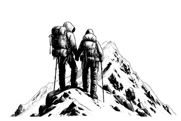 Two men are standing on a mountain, one of them is holding the other's hand. Concept of adventure and camaraderie, as the two backpackers are preparing to climb the mountain together