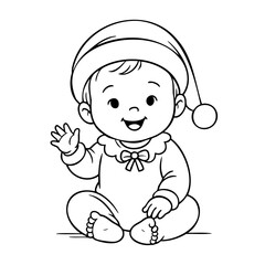 Baby is sitting on the floor and waving. The baby is wearing a hat and a sweater