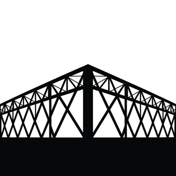 Black silhouette of a large industrial truss bridge against a white background
