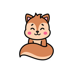 Cute Kawaii Style Squirrel Character with Fluffy Tail and Pink Cheeks Smiling Happily with Closed Eyes on Transparent Background Simple Doodle Art