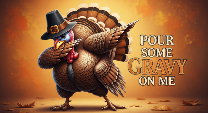 Thanksgiving turkey cartoon character in pilgrim hat, dabbing pose, autumn leaves background, "Pour some gravy on me" text, humorous Thanksgiving image