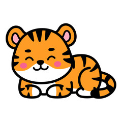 Cute Cartoon Tiger Cub With Orange Fur Black Stripes Pink Cheeks and Black Eyes Lying Down with Closed Eyes on Transparent Background