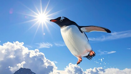 Penguin Soaring Through the Sky.