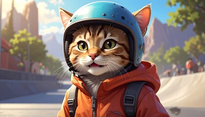 Cute Cat Wearing Helmet in Urban Setting.