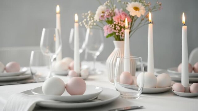 Elegant easter table setting with eggs and candles