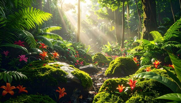 Lush, highly detailed tropical rainforest floor with vibrant green ferns, moss-covered rocks, and orange flowers under sun rays