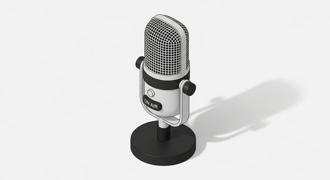 Isometric vintage microphone isolated on white background, perfect for podcasting, recording, or broadcasting with a retro and stylish aesthetic