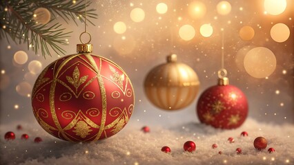Red and Gold Baubles Floating with Glowing Particles
