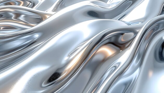 Abstract texture of smooth silver metallic material, featuring high reflections and soft, liquid-like, chrome-plated waves and ripples