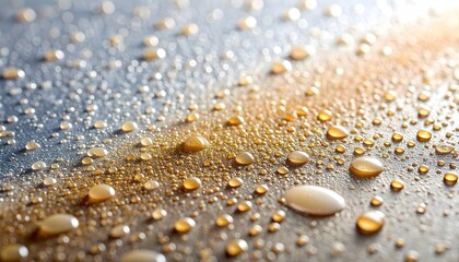 Macro flat capture of golden adhesive spray residue on a dark surface, forming perfect, dew-like droplets and fine mist patterns with bright highlights