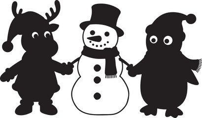 Obraz premium Three cartoon characters a reindeer snowman and penguin holding hands isolated on white background silhouette