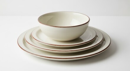 Stack of cream colored ceramic plates and bowl with thin brown rim detail