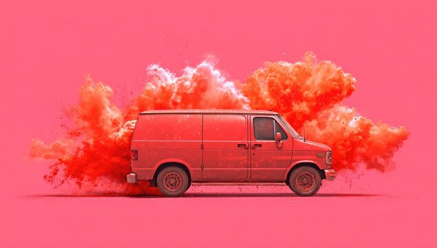 A red van is engulfed in an explosion of vivid orange powder against a solid pink backdrop - Powered by Adobe