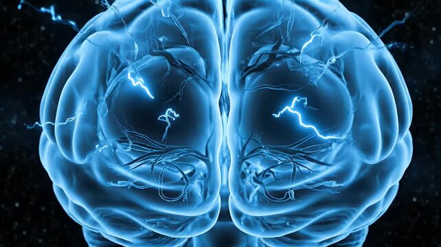 Glowing Blue Brain with Electrical Pulses in Dark Space.
