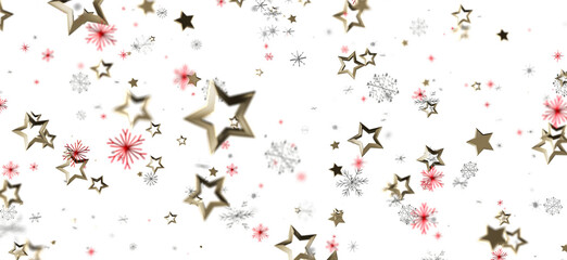 Christmas festive abstract background with floating gold stars, red snowflakes and silver snowflakes on white. Perfect for holiday designs and g