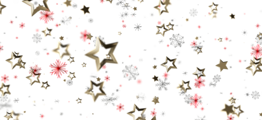 Christmas festive abstract background with floating gold stars, red snowflakes and silver snowflakes on white. Perfect for holiday designs and g