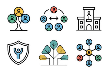 Network Connection and Hierarchy Vector Icons | Organizational Structure, Teamwork, Security, and Education for Infographics and Web Design