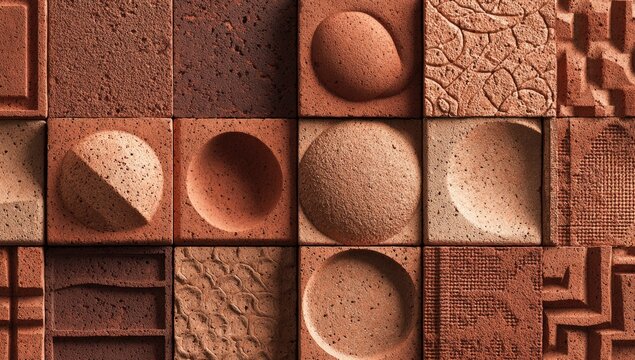 Array of terracotta tiles, each exhibiting unique surface textures and patterns, displayed in a grid