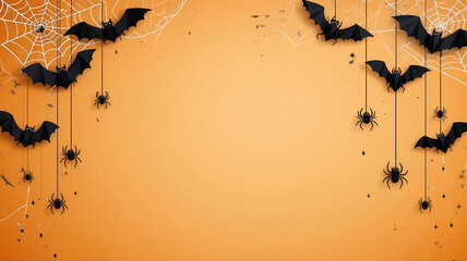 Halloween Paper Cut Border with Hanging Black Bats and Spiders on String with Spider Webs on a Bright Orange Background and Copy Space for Design Templates, Banners, and Seasonal Text
