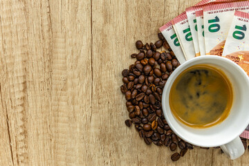 Rising Coffee Prices Concept with Euro Banknotes, Coffee Beans and Market Chart on Wooden Table