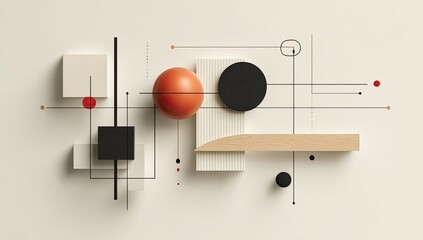 Abstract composition featuring geometric shapes, lines, and a muted color palette