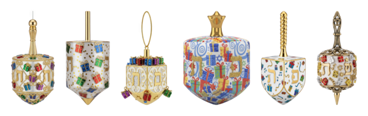 Hanukkah dreidel set including varied ornamental and decorated designs isolated. Jewish holiday and festive celebration collection.