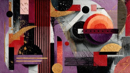 Abstract geometric composition, featuring shapes and lines on textured surfaces